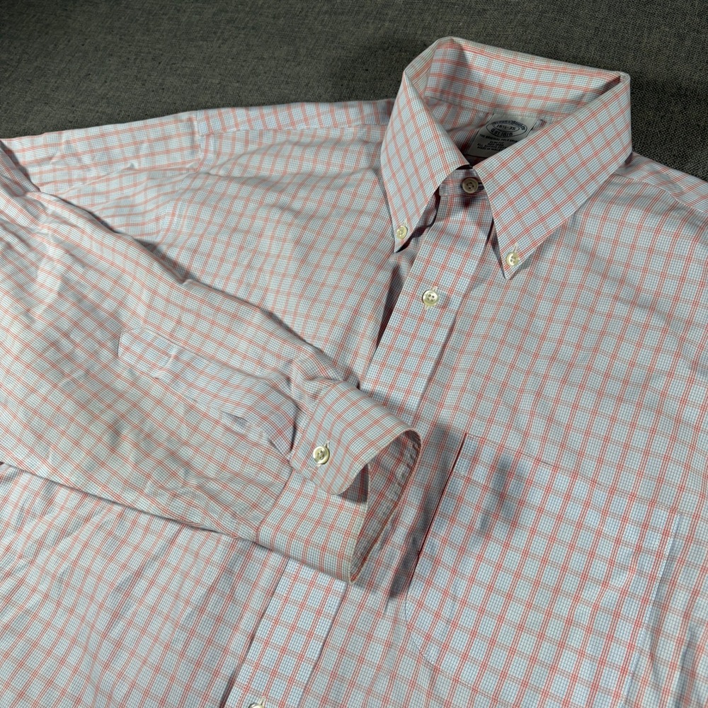 Brooks Brothers Button Down Mens 16.5 35 Orange Blue Check Slim Non-Iron‎ Shirt
